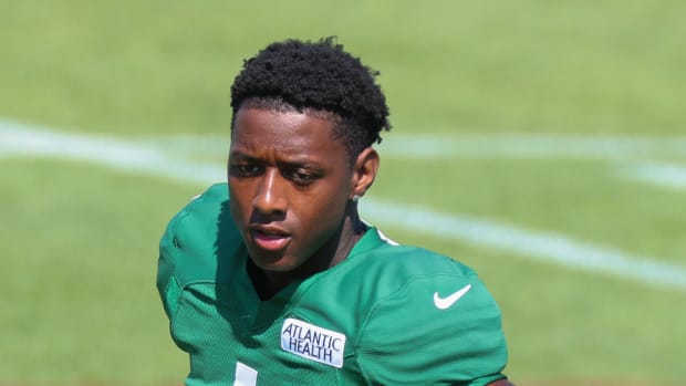 Sauce Gardner at Jets' Training Camp practice in Florham Park